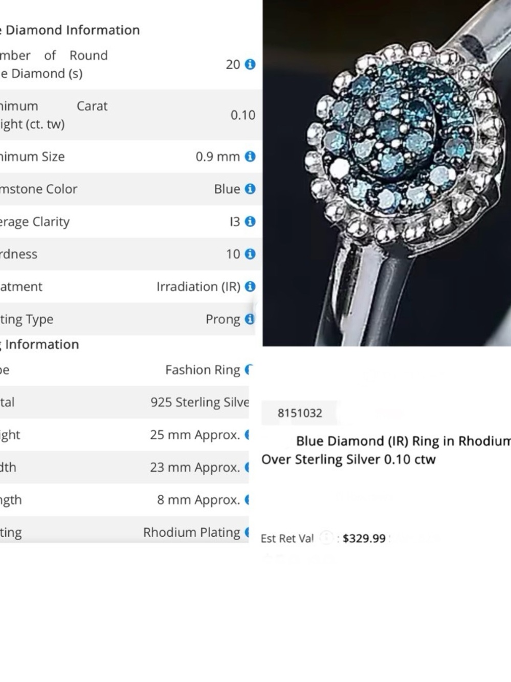 Blue Diamond Cluster Ring in Sterling Silver